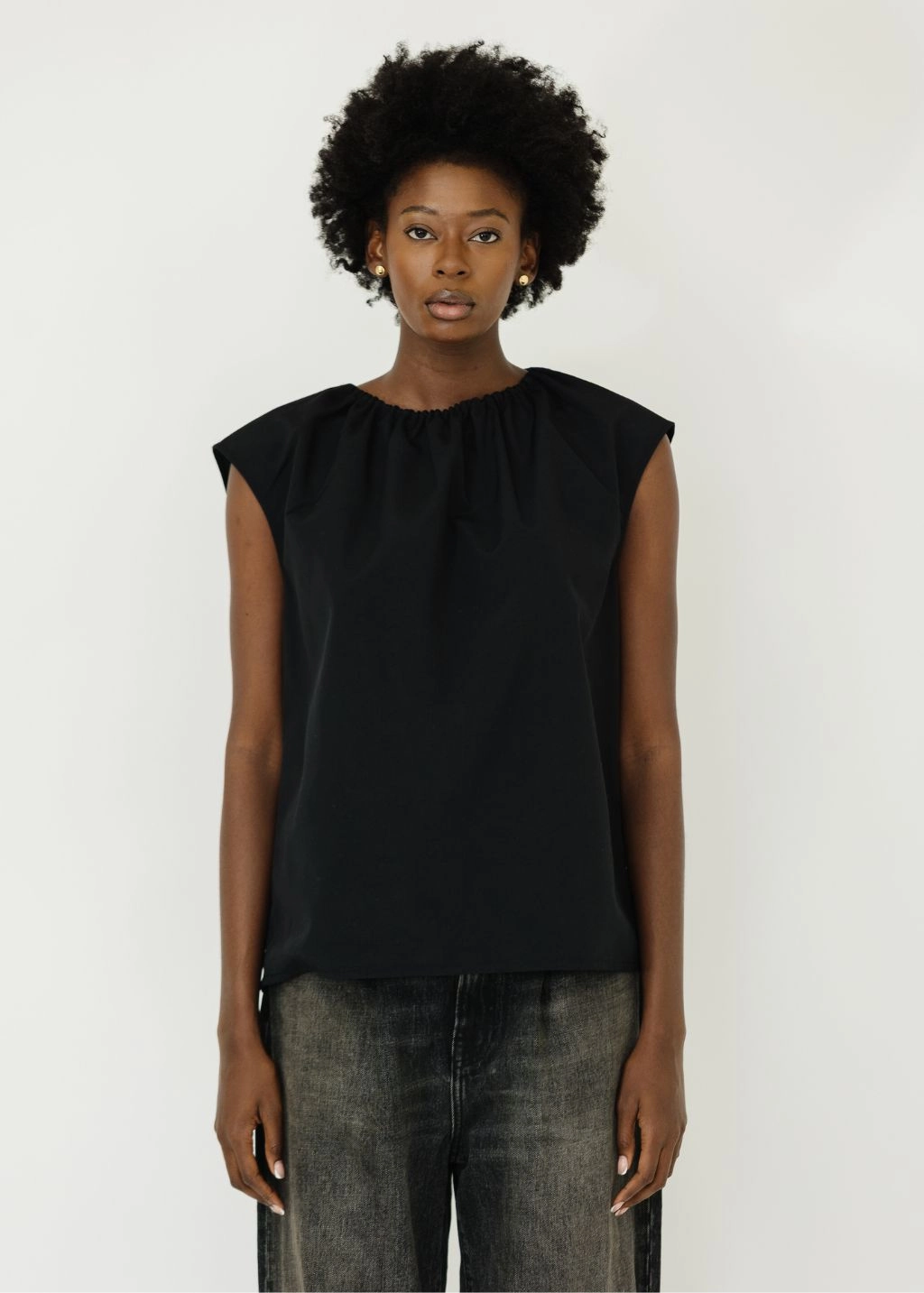 MultiFunctionalDesign DualLayer Weave Tibi Lotte Nylon Shirred Neck Top in Black