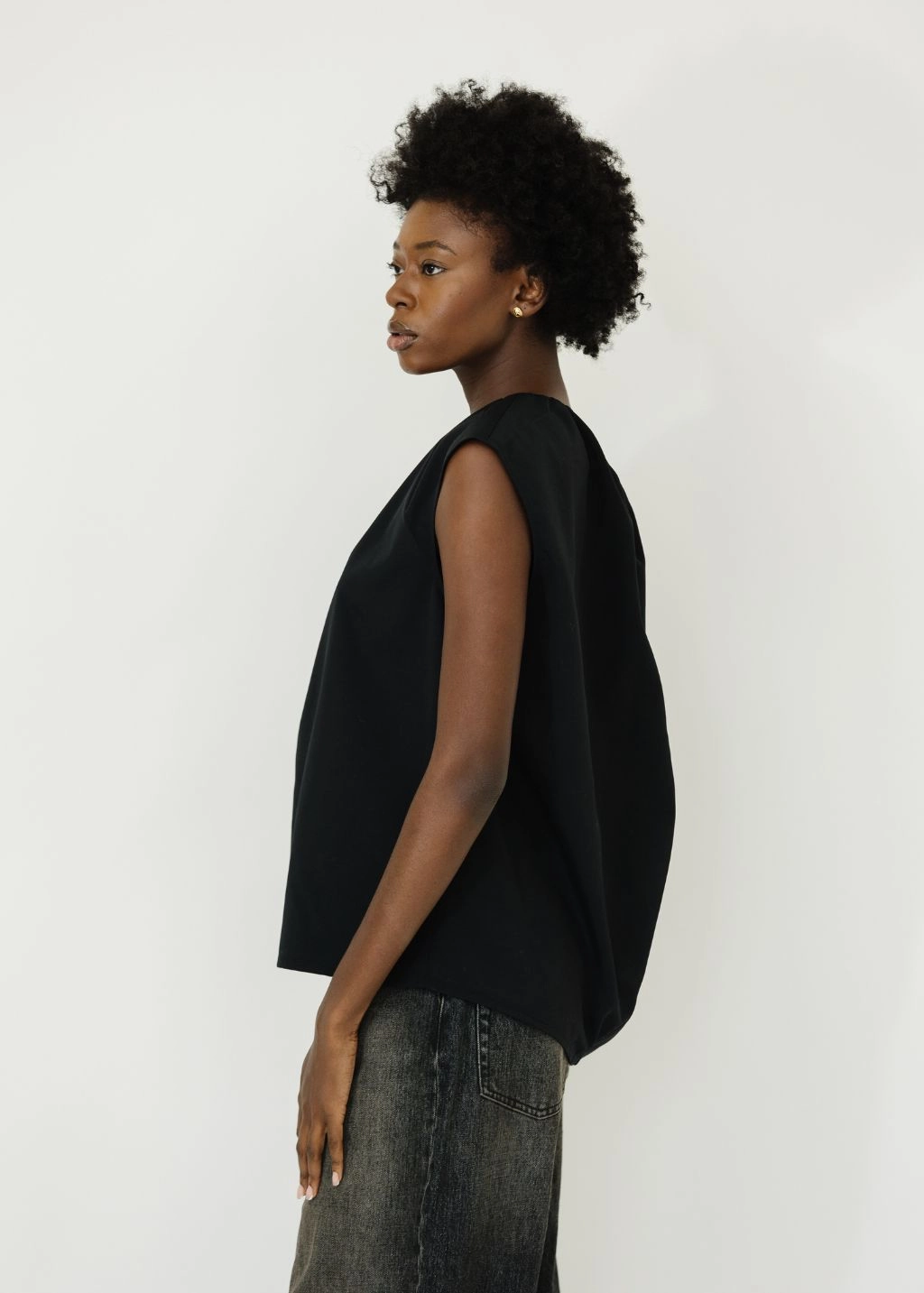 Tibi Lotte Nylon Shirred Neck Top in Black Snag Proof Weave