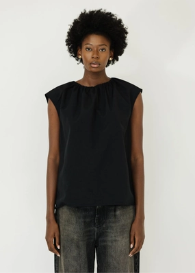 MultiFunctionalDesign DualLayer Weave Tibi Lotte Nylon Shirred Neck Top in Black