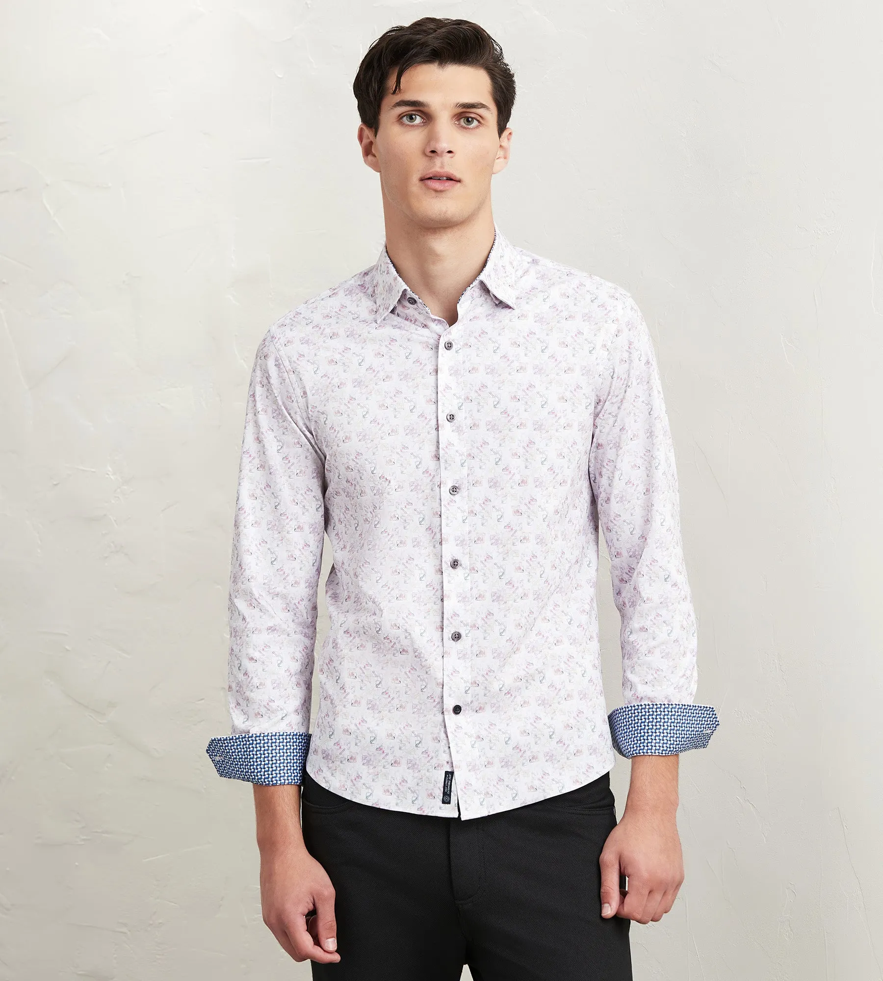 Modern Fit Long Sleeve Geo Pattern 360 Stretch Casual Shirt Hypoallergenic Lining