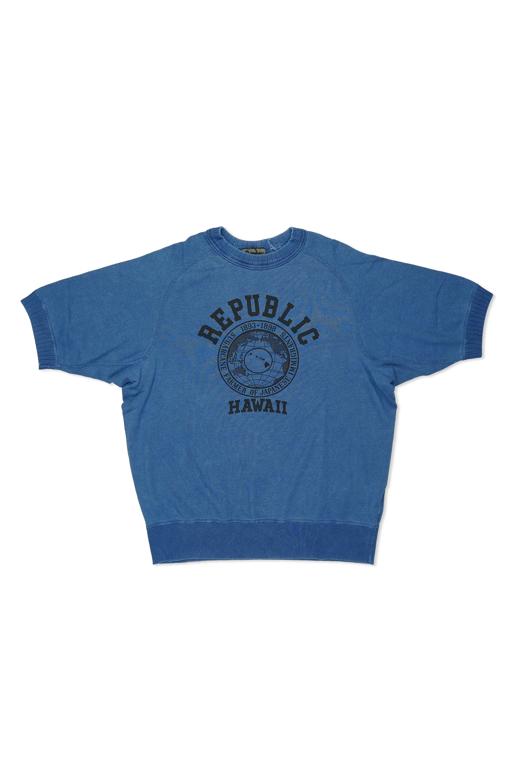 Nigel Cabourn Indigo Cotton Print Short Sleeve Sweatshirt Winter Retreat Work-to-Weekend