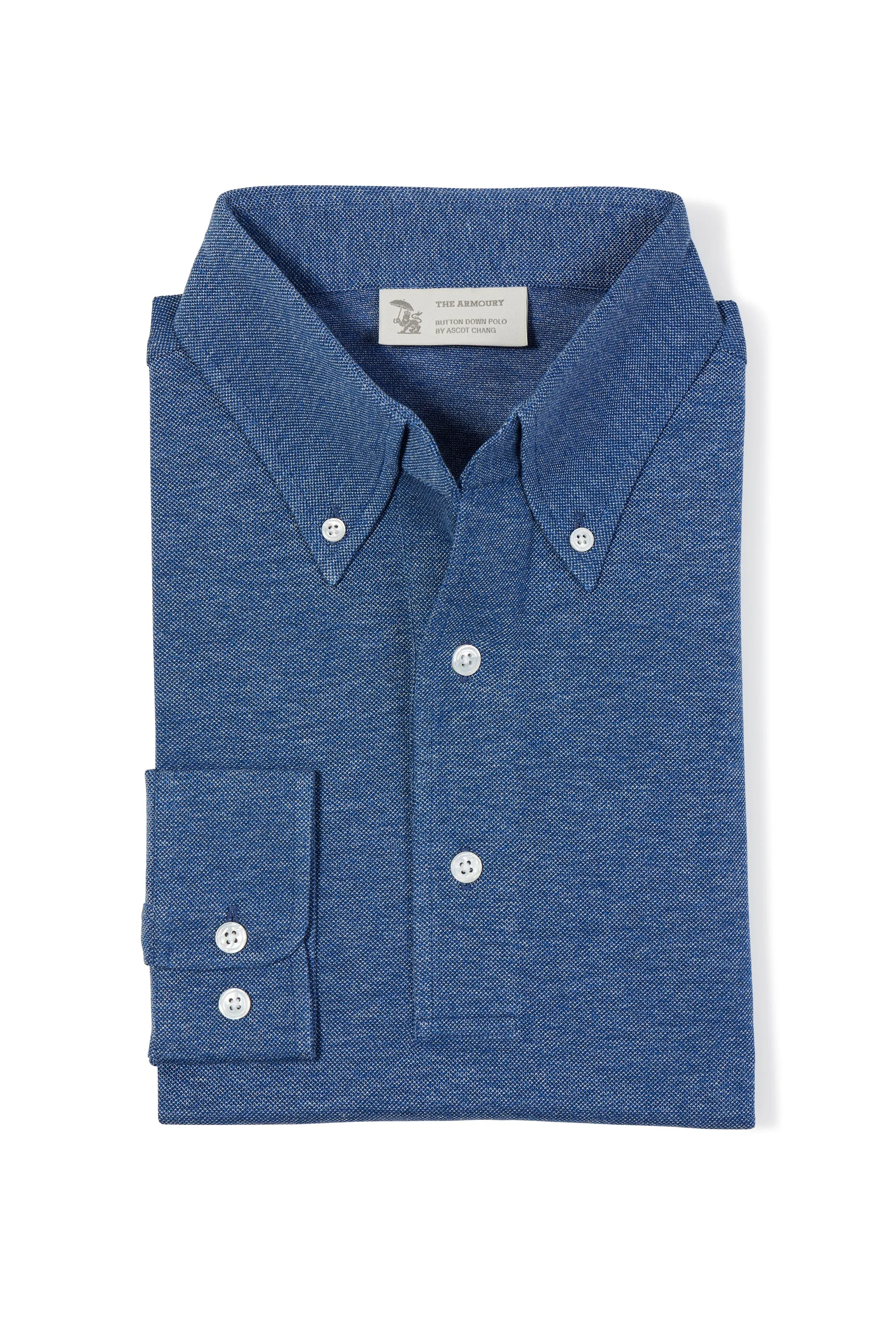 The Armoury Denim Blue Cotton Long Sleeve Button Down Polo handmade touch Beach Wear