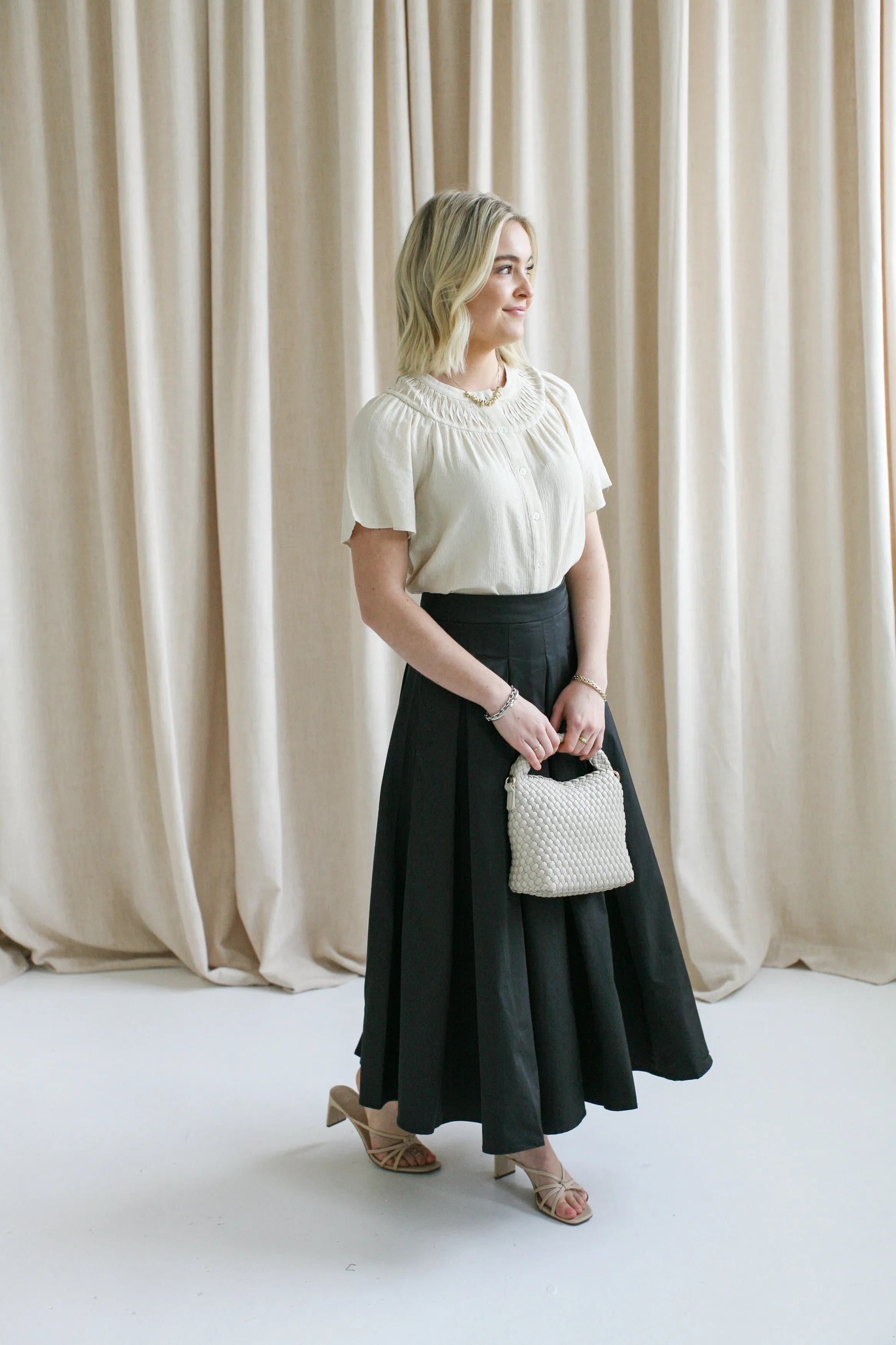 ruffle trim Sienna Black Midi Skirt