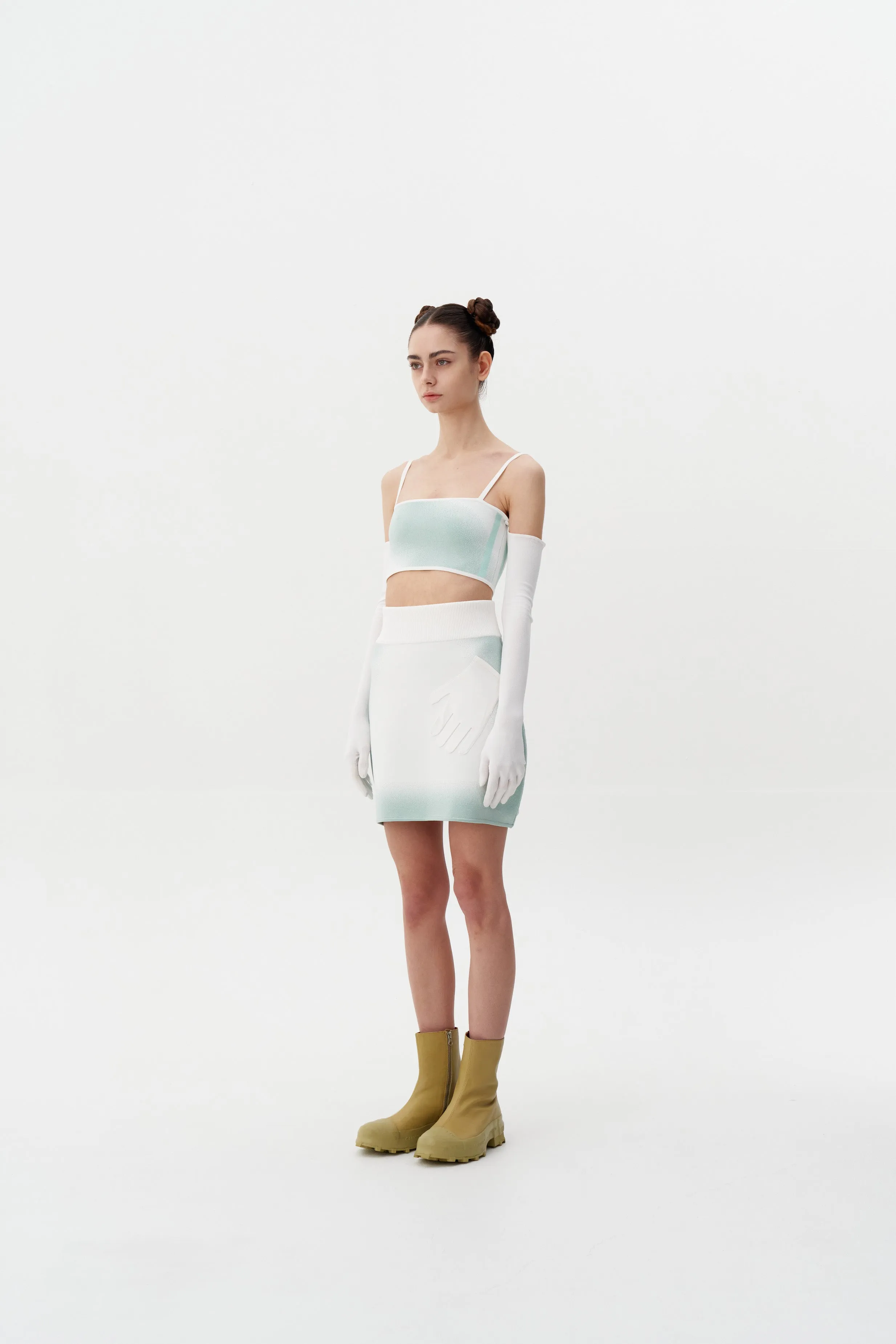 WHIRLPOOL "SPRAY PAINTED" BRA TOP WITH DETACHABLE GLOVES RollUpSleeves Curved Hemline